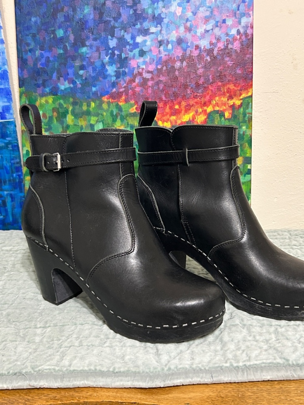 Swedish Hasbeens Black Ankle Boots with Buckle sz 40
